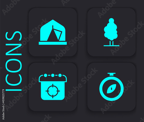 Set Compass  Tourist tent  Tree and Target sport icon. Black square button. Vector