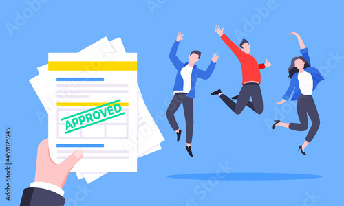Job or university acceptance approve letter with paper sheets document. Employment offer, college acceptance success or business email form flat style design vector illustration.