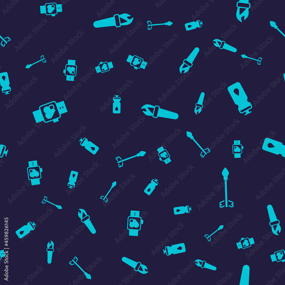 Set Smart watch with heart, Fitness shaker, Torch flame and Medieval arrows on seamless pattern. Vector Set Smart watch with heart, Fitness shaker, Torch flame and Medieval arrows on seamless pattern. Vector