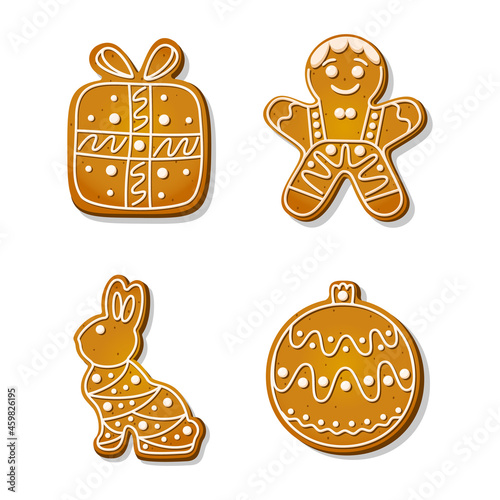 Christmas gingerbread cookies. Festive biscuits in shape of gingerbread man and christmas tree decoration, gift box and rabbit. Cartoon Vector illustration