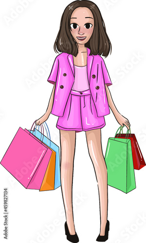 Happy young beautiful woman and shopping bags and enjoying sales.  Shopping girl with the packages. Fashionable concept. Vector illustration
