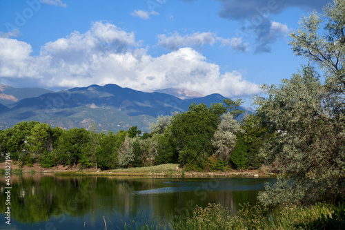 Scenic Mountain Lake reflection scene with Evergreen Trees in Colorado Springs