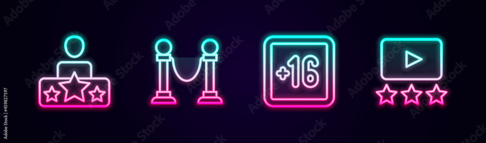 Set line Actor star, Rope barrier, Plus 16 movie and Rating. Glowing neon icon. Vector Set line Actor star, Rope barrier, Plus 16 movie and Rating. Glowing neon icon. Vector