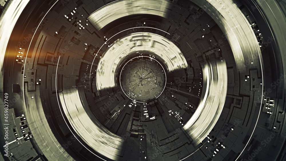 Futuristic technical construction is rotating 3D render illustration Futuristic technical construction is rotating 3D render illustration