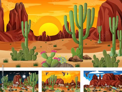Different desert forest landscape scenes with animals and plants
