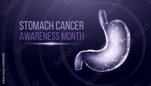 Stomach cancer awareness month. Wireframe low poly style. Concept for medical, treatment of the digestive system.  Abstract modern 3d vector illustration on dark blue background.