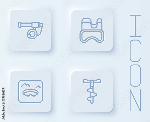 Set line Fishing rod, Diving mask, Winter fishing and Hand ice drill. White square button. Vector