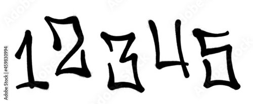 Graffiti spray font digits with a spray in black over white. Vector illustration. Part 6