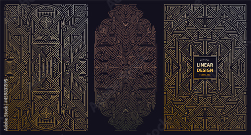 Vector set of monogram design in trendy vintage and mono line style with space for text, abstract golden geometric frames, luxury packaging templates. Use for ad, poster, card, cover. Art deco.