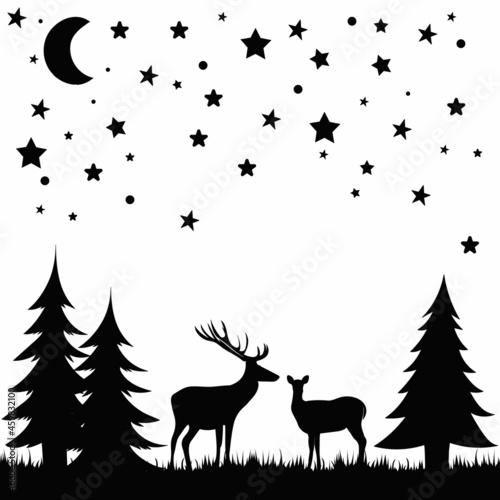 black silhouette deer, moon and stars vector