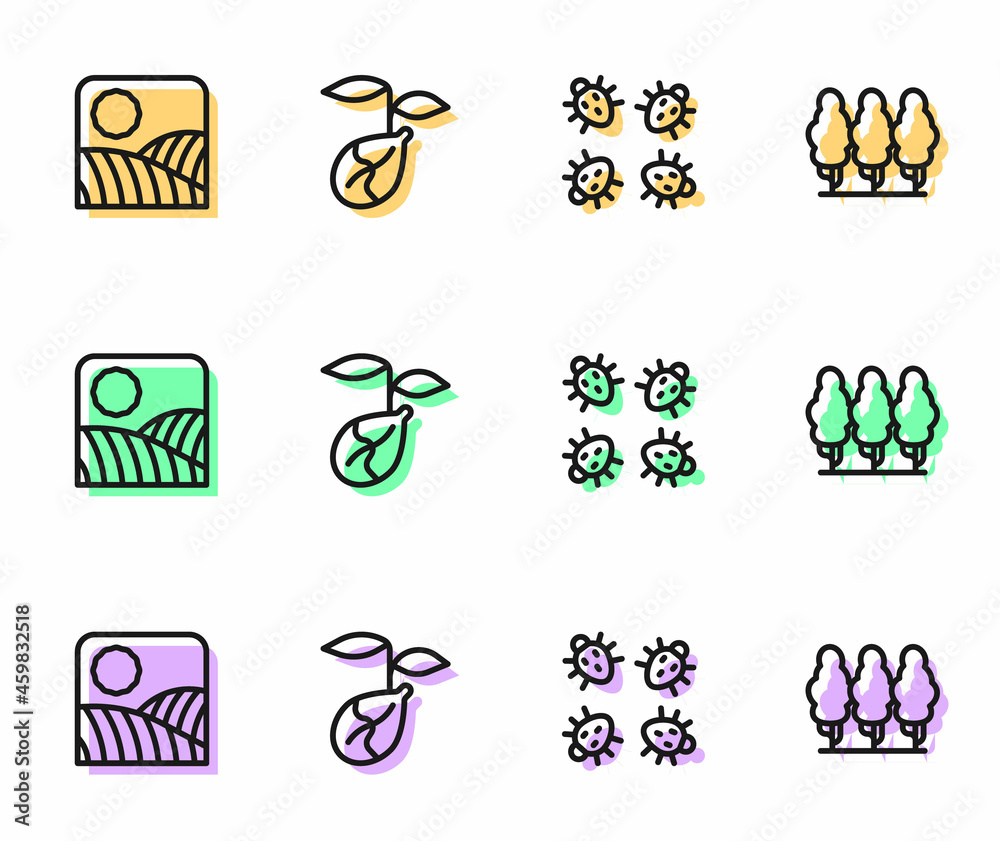 Set line Colorado beetle, Agriculture wheat field farm, Sprout and Fruit trees icon. Vector Set line Colorado beetle, Agriculture wheat field farm, Sprout and Fruit trees icon. Vector
