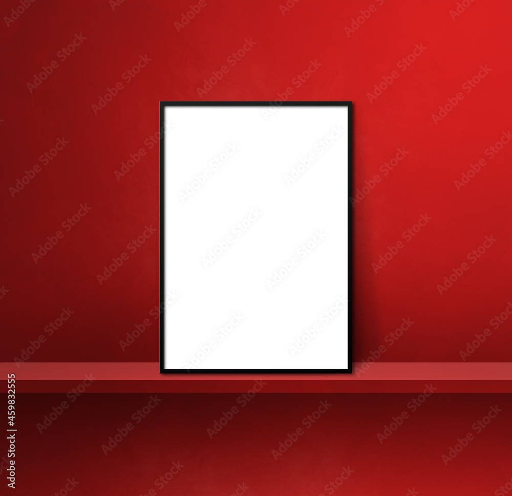 Black picture frame leaning on a red shelf. 3d illustration. Square background Black picture frame leaning on a red shelf. 3d illustration. Square background