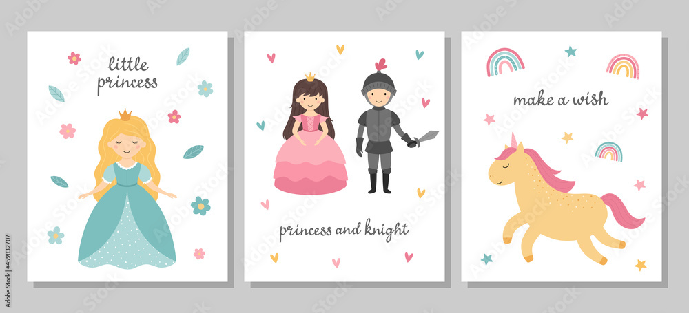 A set of postcards with cute princesses. Little princess, knight, unicorn. Children's posters. Vector nursery illustration