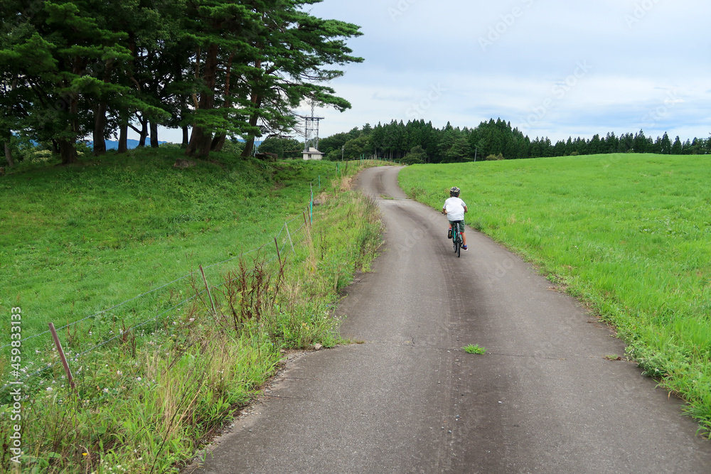 Obraz premium 高原のサイクリングロードで自転車に乗るキッズ
