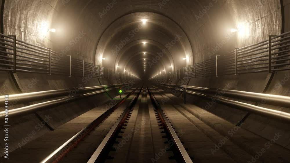 Moving Forward Through Underground Subway Tunnel 3D Animation. Seamless loop