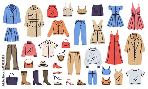 Fashion clothes. Trendy clothing, shoes and bags, stylish outfits and accessories, sweater, jeans, jacket, coat and dress cartoon vector illustration set. Trendy fashion clothes