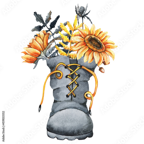 Boots witch with an autumn bouquet of flowers from sunflower, thorns, twigs for Halloween. Hand drawn watercolor illustration isolated on white background