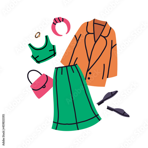 Fashion female outfit. Bright trendy green, pink and orange modern casual look cartoon vector illustration. Doodle stylish female wardrobe outfit