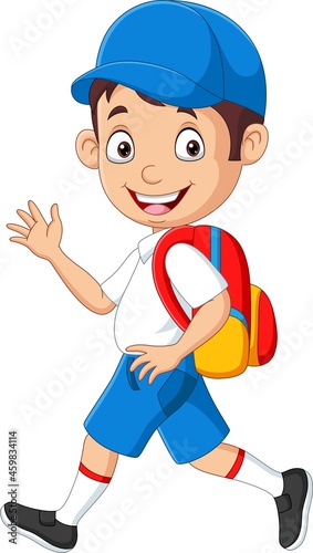 Cartoon happy school boy in uniform waving hand
