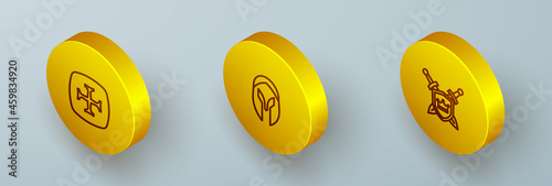 Set Isometric line Crusade, Medieval helmet and Shield with swords icon. Vector