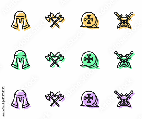 Set line Crusade, Medieval helmet, Crossed medieval axes and Skull with sword icon. Vector