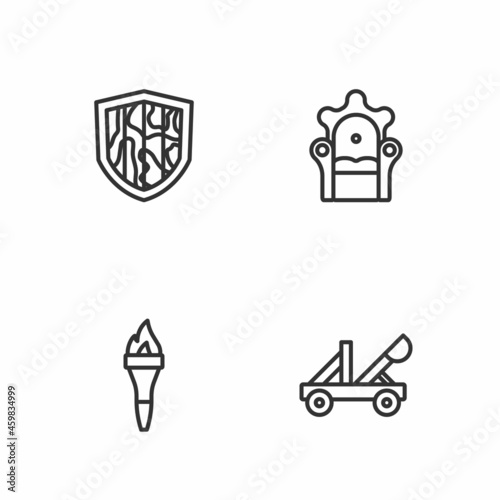Set line Medieval catapult, Torch flame, Shield and throne icon. Vector