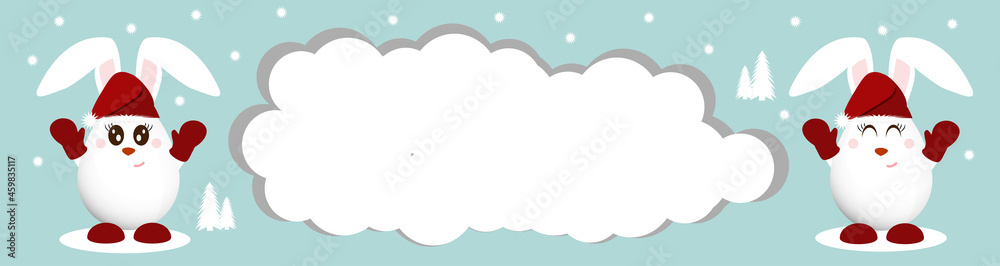 Christmas or New Year background for text. Rabbits in a Santa Claus hat on a blue green background with snowflakes. Christmas sale or invitation. Vector illustration, banner. Copy space Christmas or New Year background for text. Rabbits in a Santa Claus hat on a blue green background with snowflakes. Christmas sale or invitation. Vector illustration, banner. Copy space