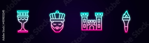 Set line Medieval goblet, King with crown, Castle and Torch flame. Glowing neon icon. Vector