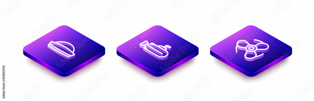 Set Isometric line Sailor hat, Submarine and Boat propeller icon. Vector Set Isometric line Sailor hat, Submarine and Boat propeller icon. Vector