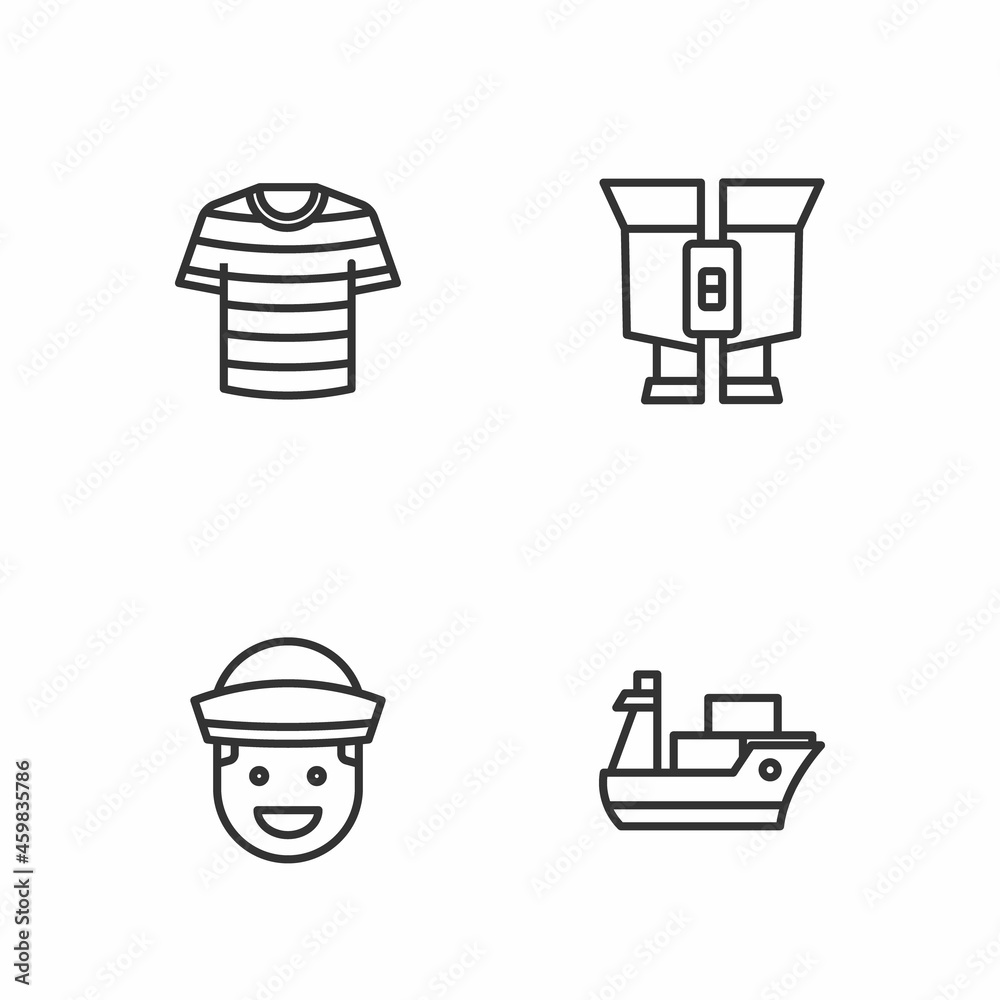 Set line Cargo ship, Sailor, Striped sailor t-shirt and Binoculars icon. Vector Set line Cargo ship, Sailor, Striped sailor t-shirt and Binoculars icon. Vector