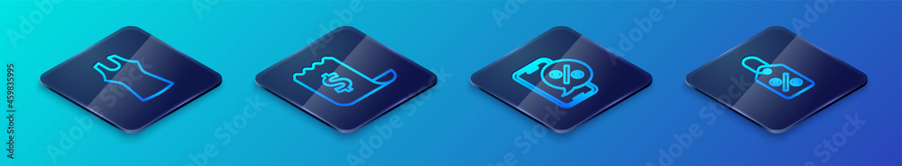 Set Isometric line Percent discount on phone, Woman dress, Discount percent tag and Paper check and financial check icon. Vector Set Isometric line Percent discount on phone, Woman dress, Discount percent tag and Paper check and financial check icon. Vector