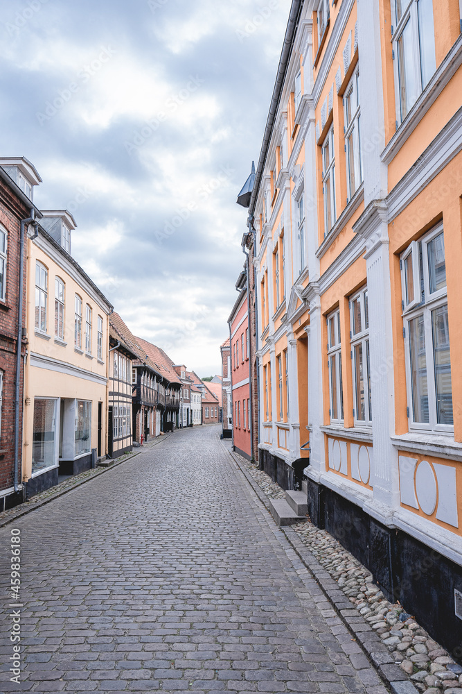 colorful streets in the city center of Ribe Denmark.
