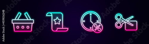 Set line Shopping basket, Paper check and financial check, Clock percent discount and Scissors cuts coupon. Glowing neon icon. Vector