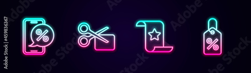 Set line Percent discount on phone, Scissors cuts coupon, Paper check and financial check and Discount percent tag. Glowing neon icon. Vector