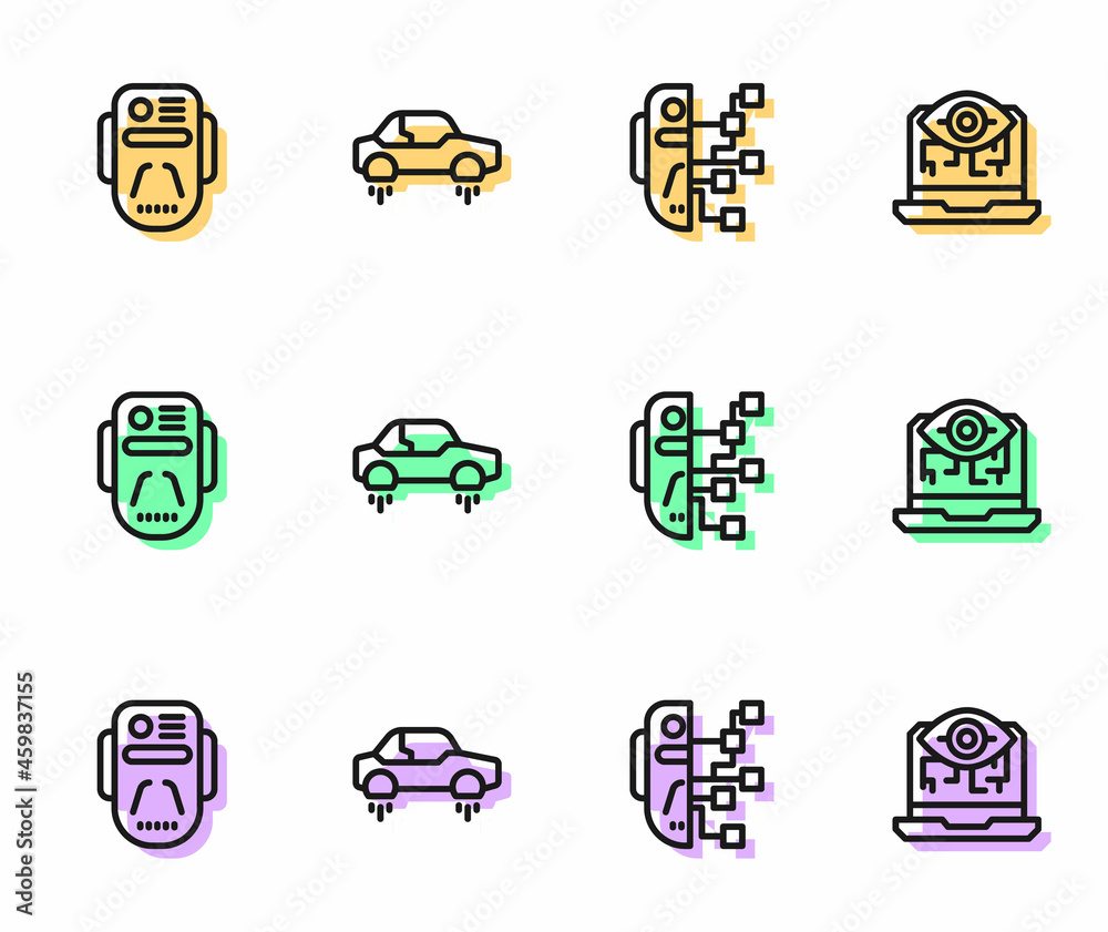 Set line Humanoid robot, Artificial intelligence, Fantastic flying car and Computer vision icon. Vector Set line Humanoid robot, Artificial intelligence, Fantastic flying car and Computer vision icon. Vector