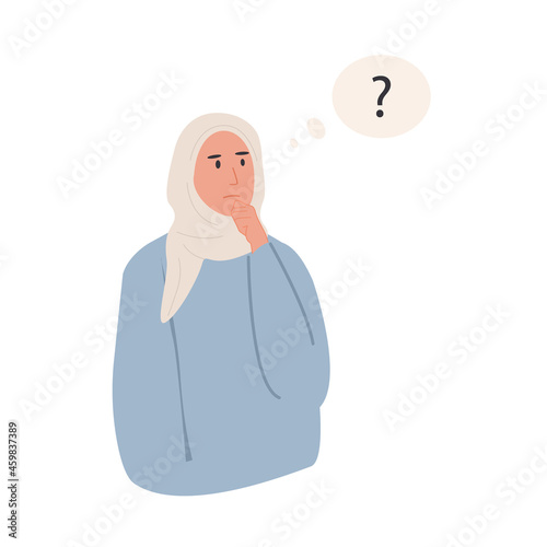 Modern muslim arab thinking female character. Portrait of thoughtful person with question mark. Young woman solving problem, making decision. Flat style vector illustration.
