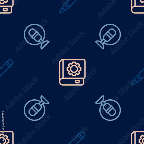 Set line Pencil with eraser, Microphone and User manual on seamless pattern. Vector