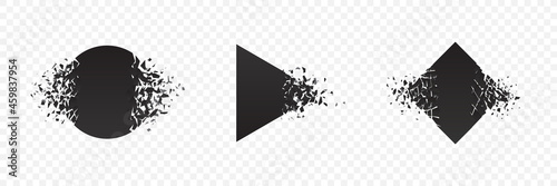 Shape explosion breaked and shattered flat style design vector illustration set isolated on transparent background. Square rhombus, circle, triangle shapes in grayscale gradient exploding demolition.