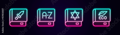 Set line Book about weapon, Translator book, Jewish torah and ecology. Glowing neon icon. Vector