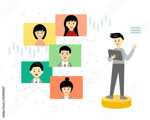 Businessman having online meeting with his colleagues on tablet cartoon vector.