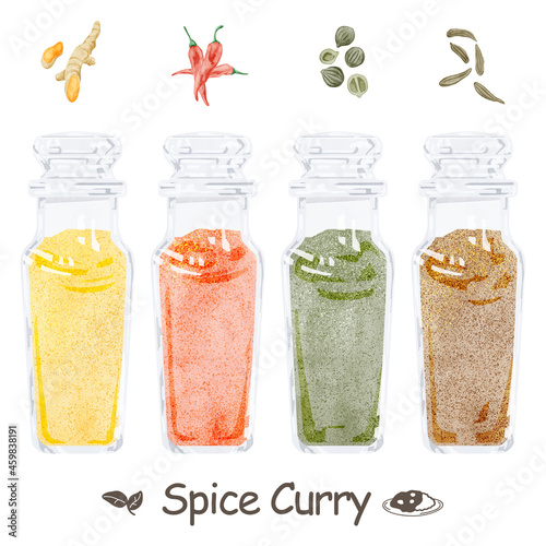 カレースパイス4種類の手書き水彩風イラスト