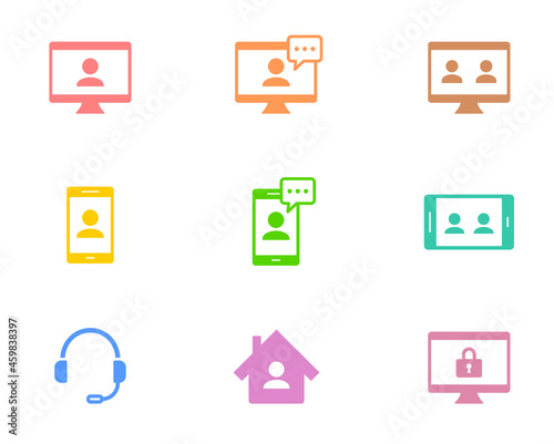 リモートワーク関連のカラーアイコン。オンラインミーティングやビデオ通話のイラスト。パソコン、スマートフォン、ヘッドフォンのアイコンのセット。