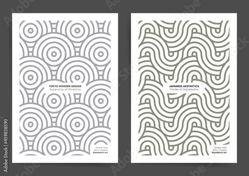 Modern simple geometric wavy lines poster design layouts. A4 asian trendy style cover template for business posters, banners, brochures, cards, catalog, Japanese pattern design templates. Vector gray.