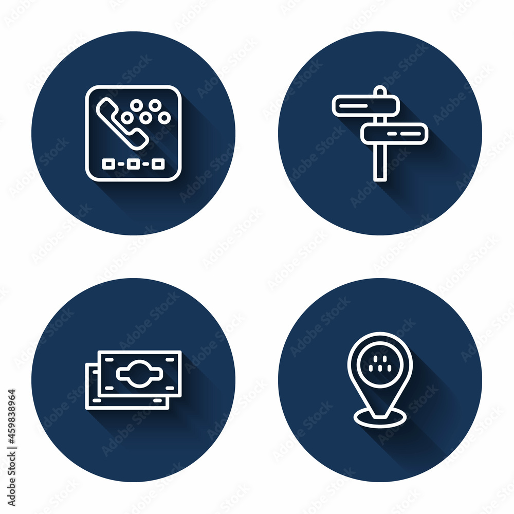 Set line Taxi call telephone service, Road traffic sign, Stacks paper money cash and Location taxi car with long shadow. Blue circle button. Vector Set line Taxi call telephone service, Road traffic sign, Stacks paper money cash and Location taxi car with long shadow. Blue circle button. Vector