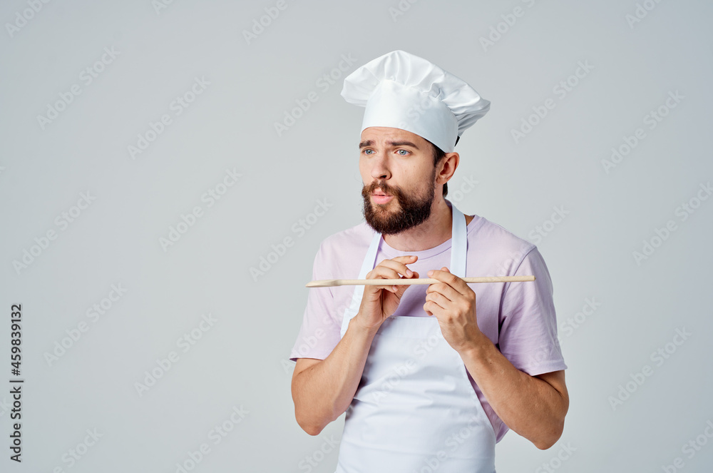 emotional man in chef uniform wooden spoon cooking food work emotional man in chef uniform wooden spoon cooking food work