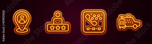 Set line Taxi client, service rating, call telephone and car. Glowing neon icon. Vector