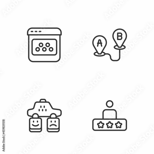 Set line Taxi service rating, mobile app and Route location icon. Vector