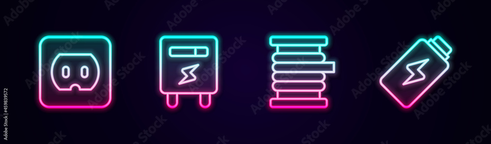 Set line Electrical outlet, meter, Wire electric cable on reel and Battery charge. Glowing neon icon. Vector