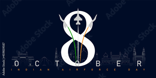 Vector Illustration of Indian Air Force Day observed on October 8. Banner with fighter planes flying in 3 direction photo