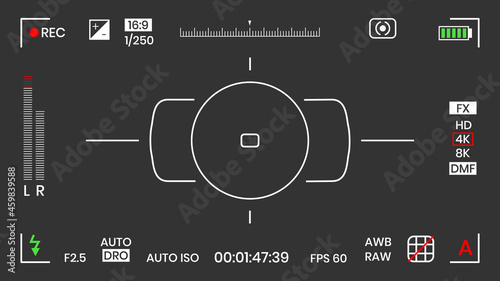 Camera viewfinder video or photo frame recorder flat style design vector illustration. Digital camera viewfinder with exposure settings and focusing grid template.